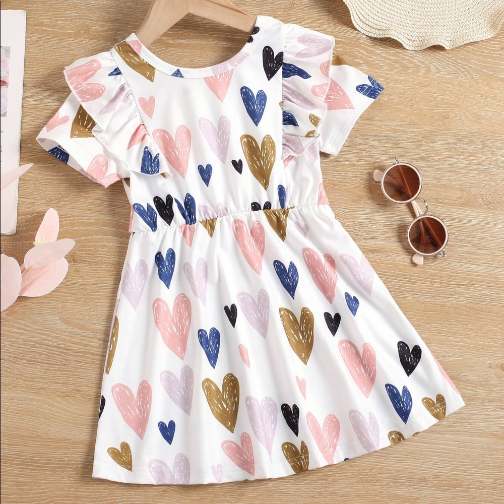 Girls Heart Print Ruffle Shoulder Dress
